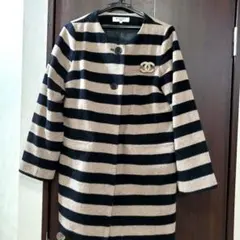 ノーカラーコートＬ　ロングコートボーダーコート　ナチュラルビューティーベーシック