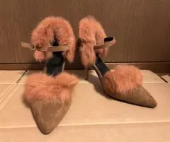 ファー付き　ブラウン スエード ハイヒールパンプス　24.5cm