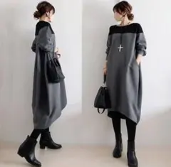 グレー 長袖ワンピース ポケット付き