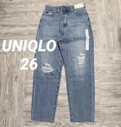 UNIQLO 新品 26 ペグトップハイライズジーンズ ダメージ デニム ブルー