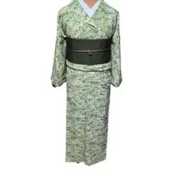 小紋　洗える　化繊　リバーシブル　半幅帯　セット　緑　グリーン　S　小さめ