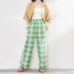 【美品・coen】緑色チェック柄カジュアルパンツ