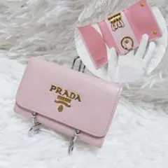 レア極美品✨プラダ◇RFIDマルチカラーキーケース　キーリングゴールド金具ピンク