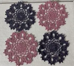 ★新品・未使用★レース編み　ラメ入りコースター　紫×ピンク　4枚セット