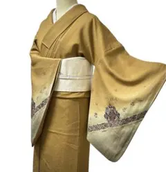 A151愛華 訪問着マスタードカラー地色　華文　唐花　正絹　美品　身丈166cm