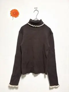 M マジェスティックレゴン　ニット　長袖　タートルネック　フリル　ブラウン