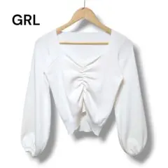 GRL バルーンスリーブ ニット フロントギャザー ハートネック ホワイト M