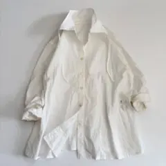 美品　慈雨　シワ加工ブラウス　襟リボン　バックタック　白　L