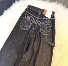 M バギーデニム 刺繍 ワイド ジーンズ デニム 黒 ブラック