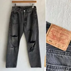90S USA製 Levi's 501 染め ダメージデニム ブラックデニムのサムネイル