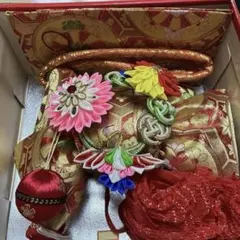 七五三 作り帯 金襴 結び帯 、襟セット、帯82㎝、帯揚げ134㎝、梅大、新品のサムネイル