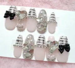 ネイル チップ ツイード 黒 量産型 フレンチガーリー ワンホン 現品