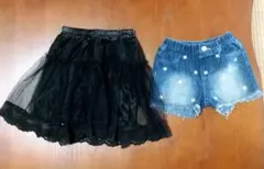 黒チュールスカートとデニムショートパンツセット