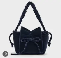 CHARLES & KEITH ベロアリボンバッグ ダークブルー