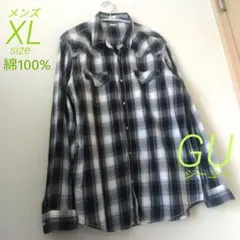 GU　チェック柄シャツ 長袖 　　　ブラック ホワイト　綿100%のサムネイル