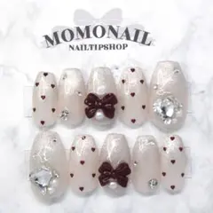 【372】現品ネイルチップ クリスマス 赤 マグネットグラデーション リボン