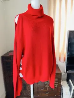 インド製 MOCHI レッド赤 オープンショルダー タートルネックニットS(M〜