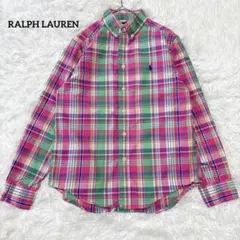 ラルフローレン マドラスチェックBDシャツ ピンク緑 S相当 ポニー刺繍 綿