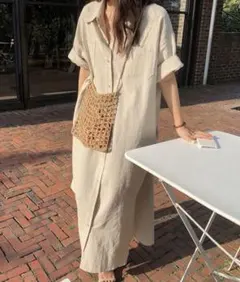 【SALE】リネン風 シャツワンピース