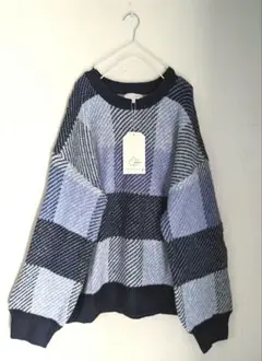 新品LOGOS DAYS杢紺青クルーネックチェック模様ニットセーターL
