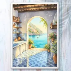 A4 地中海のキッチンから望む青い海 癒しの風景画アート インテリアポスター