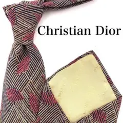 【極美品】Christian Dior ネクタイ 総柄 レッド ブラウン リーフ