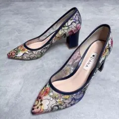 美品✨DIANA パンプス 花柄 レース ポインテッドトゥ チャンキーヒール