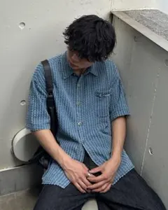 青 ストライプ 半袖シャツ コットン