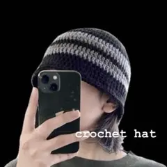 SALE　大きめ　ハンドメイド　クラッシャーハット　クロシェハット　黒　f1