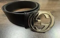 Gucci グッチ ブラックレザーベルト ダブルGロゴ