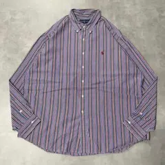 ラルフローレン ストライプ シャツ 古着 90s 2XL 赤 青 紺 13601