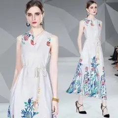 【ホワイト花柄★Ｌ】ロング ワンピースベルト付き人気