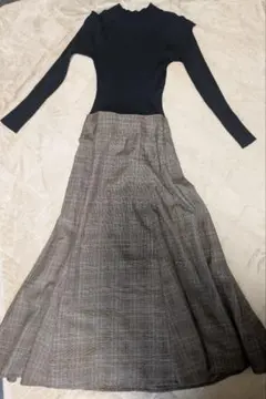 ミラオーウェン　黒ニットチェック柄ロングワンピース