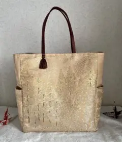帯リメイク　ゴールド 木の模様 トートバッグ　サイドポケット付き