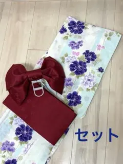 Honeys レディース 浴衣 帯セット 牡丹柄　水色　紫　白のサムネイル
