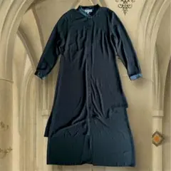 スタンドカラー ロングワンピース レイヤードシャツワンピース ブラックマキシ丈