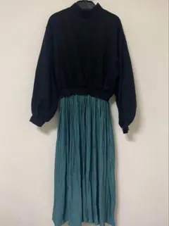 rienda ドッキング ロング ワンピース ミニ グリーン ブラック 長袖 黒