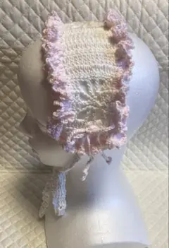 バブーシュカ　ボンネット　ヘッドドレス　ヘアバンド　かぎ針編み　リボン