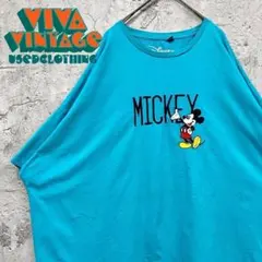 レア【古着】ディズニー ミッキー刺繍Tシャツ ブルー メンズ4XL