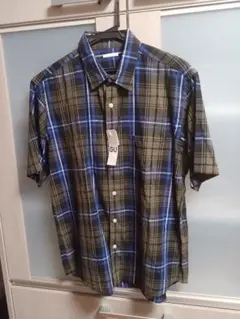 (GU)(新品)リネンブレンドシャツ(半袖)(チェック)