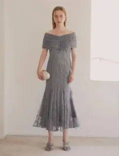 leja 2WAYレース花柄オフショルダーマーメイドワンピースドレス　グレー