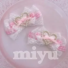 ヘアクリップ（スウィートハート♡レース♡チェックピンク）ロリータ　ヘアメ　推し