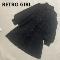 レトロガール 膝丈シャツワンピース 黒 上品 Aライン バルーン袖