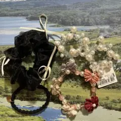 シフォン黒ヘアゴムと花モチーフヘアゴム5点セット