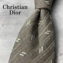 美品 Christian Dior ジャガード ストライプ ネクタイ カーキ 銀
