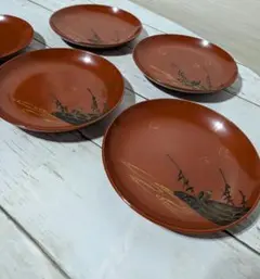 昭和初期 骨董 漆器 朱塗 千鳥流水 菓子皿 5枚　 蒔絵 銘々皿のサムネイル
