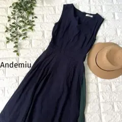 Andemiu♪ネイビーとグリーンコンビネーション♪フレア ロングワンピース　F