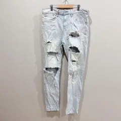 H&M 【F】スリムテーパードデニム ダメージ加工 ライトブルー