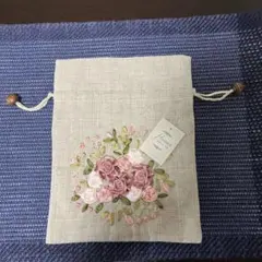 花柄刺繍リネン風巾着ポーチ18cm✖︎23cm