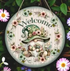 木製リース ガーデン雑貨 ノームさんオーナメント プレート ウェルカムボード 緑